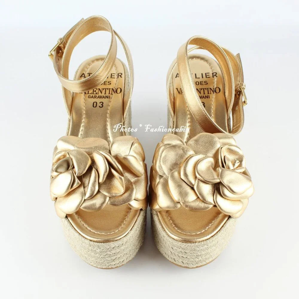 NEW Valentino Garavani Atelier 03 Rose Metallic Leather Espadrilles Sandals